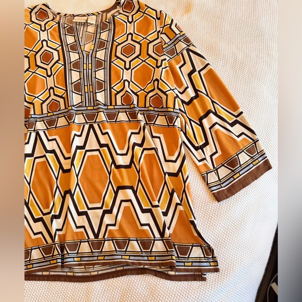 CHICO’S Yellow Gold White & Brown Geometric Blouse Tunic Top - Picture 5 of 16